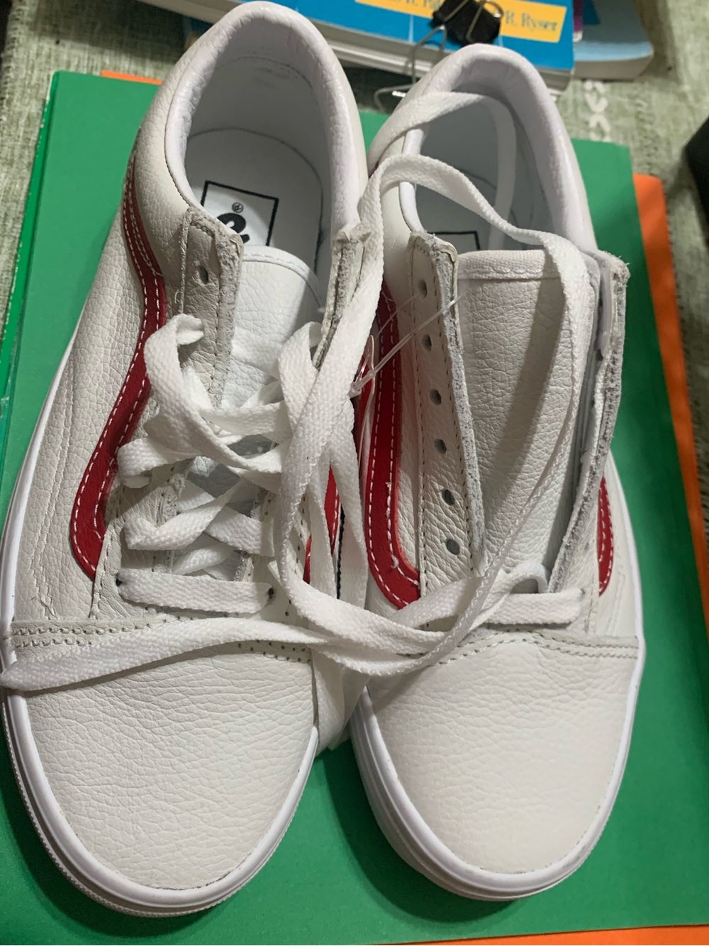 Women’s White Leather Sneakers with Red Side Stripe VANS